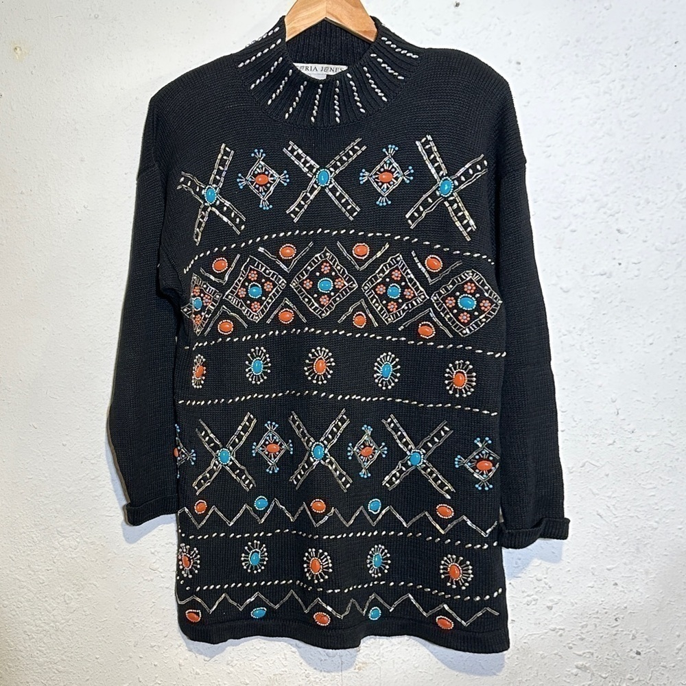 Victoria Jones Southwestern Beaded Mock Neck Tunic Sweater Sz Large Women